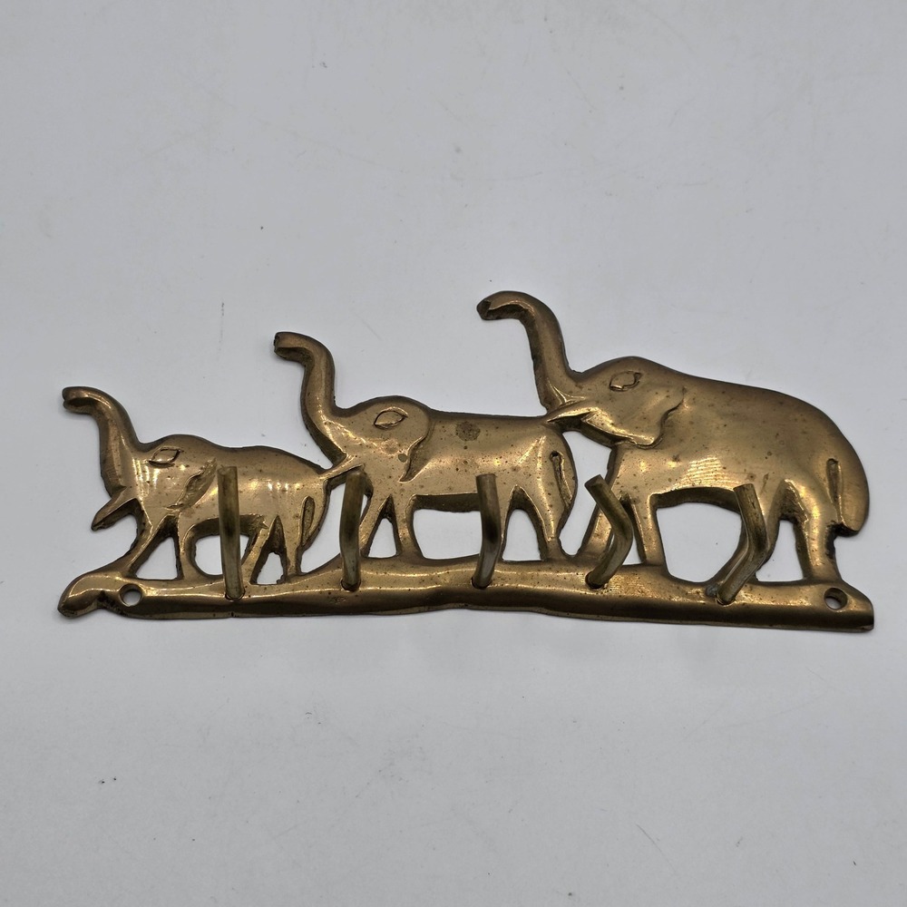 Vintage Solid Brass Elephant Trio Wall Hook Rack Key Holder Made in India Gold